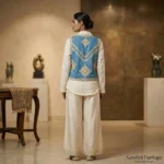 Women's bohemian two piece set featuring an ivory floral embroidered shirt layered under a blue denim style vest with gold ethnic embroidery (4)