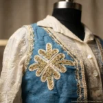 Women's bohemian two piece set featuring an ivory floral embroidered shirt layered under a blue denim style vest with gold ethnic embroidery (5)