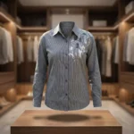 Women’s charcoal grey vertical pinstripe button down shirt with silver sequin floral embroidery on the left shoulder (1)