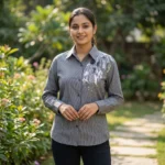 Women’s charcoal grey vertical pinstripe button down shirt with silver sequin floral embroidery on the left shoulder (2)