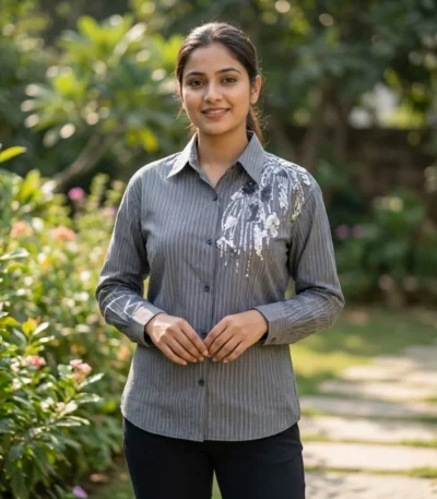 Women’s charcoal grey vertical pinstripe button down shirt with silver sequin floral embroidery on the left shoulder (2)