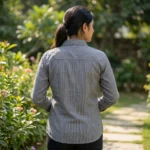 Women’s charcoal grey vertical pinstripe button down shirt with silver sequin floral embroidery on the left shoulder (3)