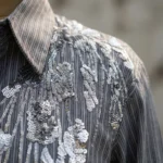 Women’s charcoal grey vertical pinstripe button down shirt with silver sequin floral embroidery on the left shoulder (4)