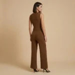 Women's chocolate brown ribbed co ord set featuring a sleeveless V neck vest with gold crest buttons and high waisted wide leg trousers (1)