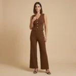 Women's chocolate brown ribbed co ord set featuring a sleeveless V neck vest with gold crest buttons and high waisted wide leg trousers (2)