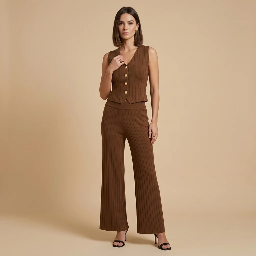 Women's chocolate brown ribbed co ord set featuring a sleeveless V neck vest with gold crest buttons and high waisted wide leg trousers (2)