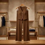 Women's chocolate brown ribbed co ord set featuring a sleeveless V neck vest with gold crest buttons and high waisted wide leg trousers (4)