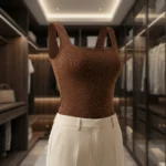 Women’s chocolate brown square neck bodysuit with silver rhinestone embellishments and snap button closure (2)