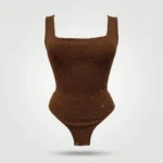 Women’s chocolate brown square neck bodysuit with silver rhinestone embellishments and snap button closure (6)