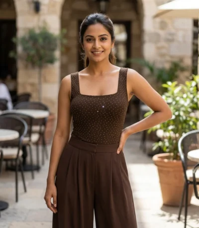 Women's chocolate brown square neck bodysuit with silver rhinestone embellishments and wide straps (1)