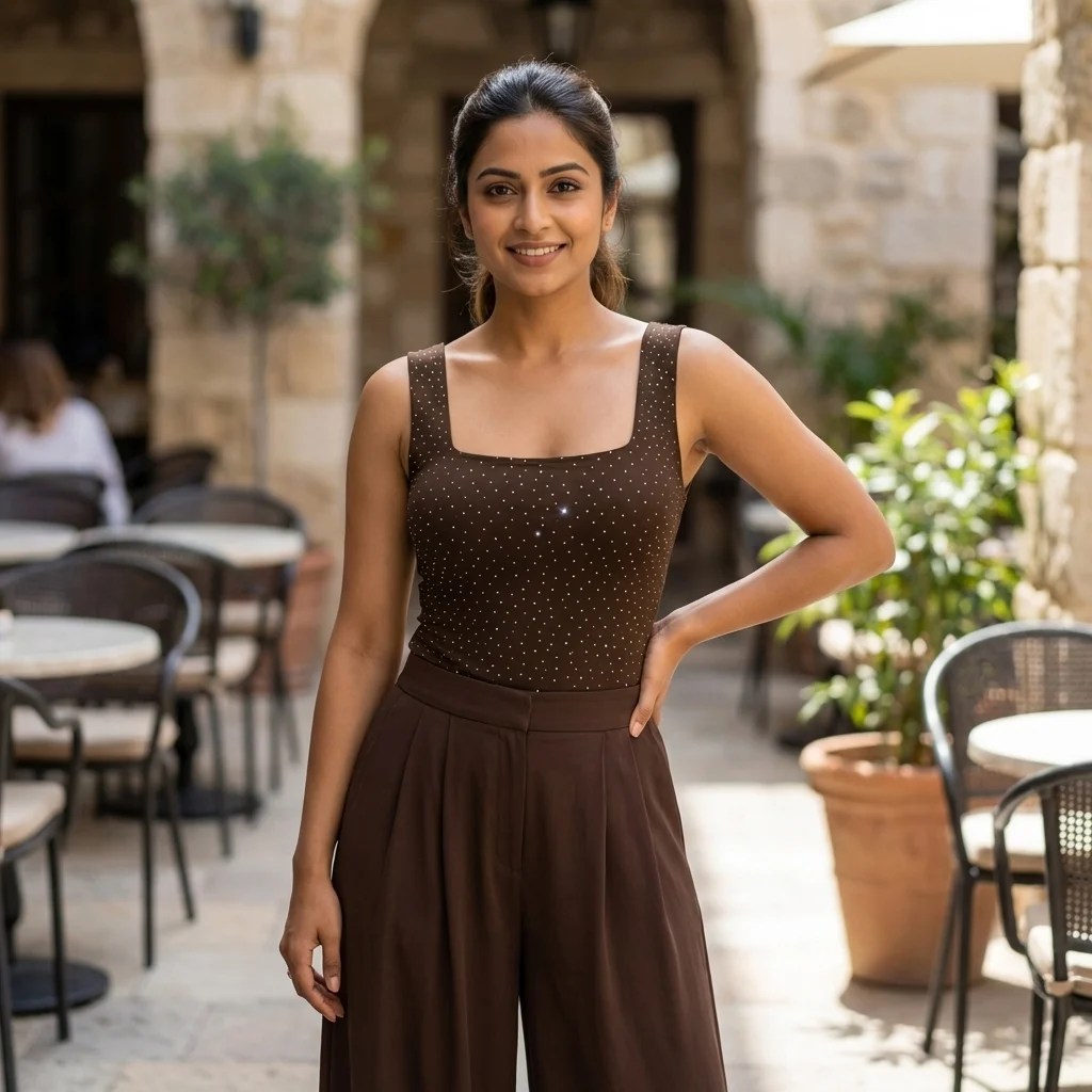 Women's chocolate brown square neck bodysuit with silver rhinestone embellishments and wide straps (1)