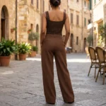 Women's chocolate brown square neck bodysuit with silver rhinestone embellishments and wide straps (7)
