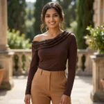 Women's cocoa brown long sleeved top with asymmetric lace trimmed off the shoulder neckline (1)