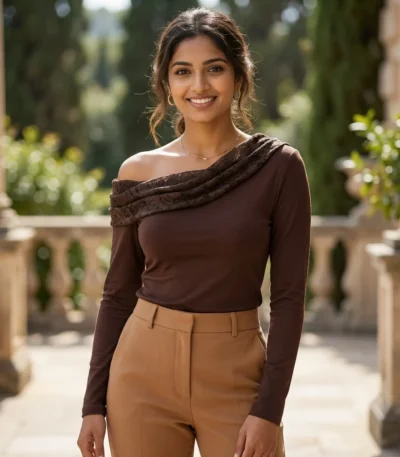 Women's cocoa brown long sleeved top with asymmetric lace trimmed off the shoulder neckline (1)