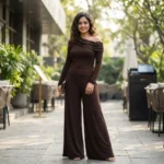 Women's cocoa brown long sleeved top with asymmetric lace trimmed off the shoulder neckline (2)