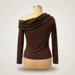 Women's cocoa brown long sleeved top with asymmetric lace trimmed off the shoulder neckline (3)
