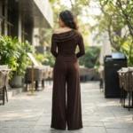 Women's cocoa brown long sleeved top with asymmetric lace trimmed off the shoulder neckline (4)