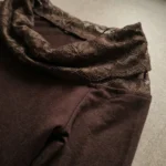 Women's cocoa brown long sleeved top with asymmetric lace trimmed off the shoulder neckline (5)