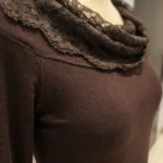 Women's cocoa brown long sleeved top with asymmetric lace trimmed off the shoulder neckline (6)