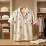 Women’s cream colored notched collar pajama set with whimsical animal print and red piping details (1)