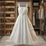 Women's crisp white Korean parachute style maxi dress featuring adjustable square neckline and utility cargo pockets (1)