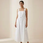 Women's crisp white Korean parachute style maxi dress featuring adjustable square neckline and utility cargo pockets (3)