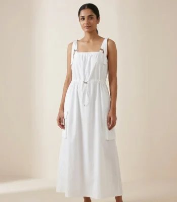 Women's crisp white Korean parachute style maxi dress featuring adjustable square neckline and utility cargo pockets (3)