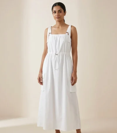 Women's crisp white Korean parachute style maxi dress featuring adjustable square neckline and utility cargo pockets (3)