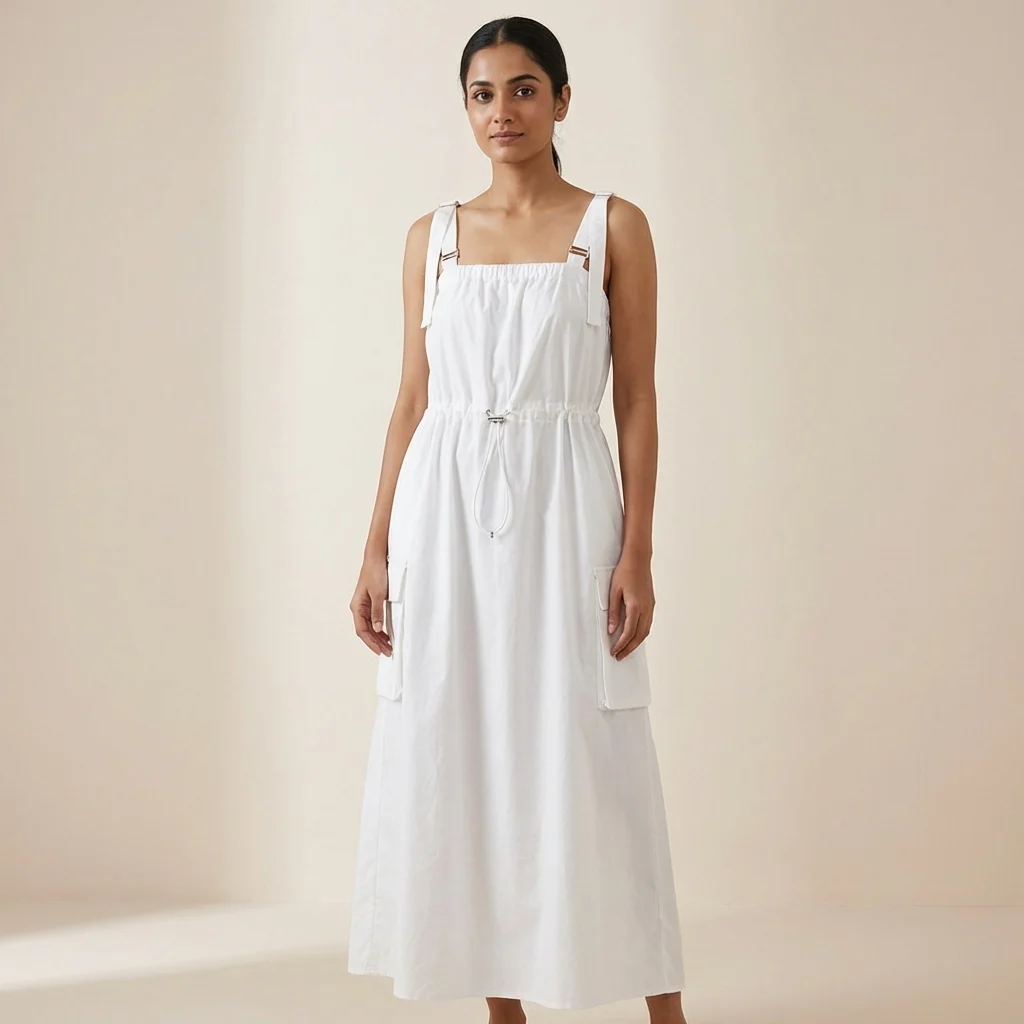 Women's crisp white Korean parachute style maxi dress featuring adjustable square neckline and utility cargo pockets (3) Women's crisp white Korean parachute style maxi dress featuring adjustable square neckline and utility cargo pockets (3)