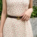 Women's dark brown leather belt with antique gold interlocking buckle (1)