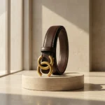 Women's dark brown leather belt with antique gold interlocking buckle (2)