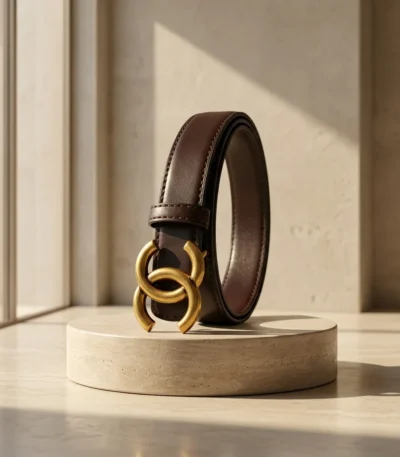 Women's dark brown leather belt with antique gold interlocking buckle (2)