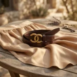 Women's dark brown leather belt with antique gold interlocking buckle (3)