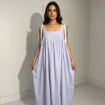 Women's dual tone Korean style parachute maxi dress in periwinkle blue and white with ribbon tie up straps (4)