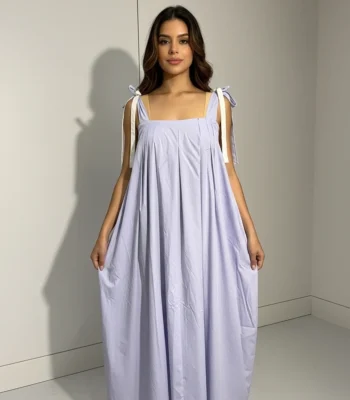 Women's dual tone Korean style parachute maxi dress in periwinkle blue and white with ribbon tie up straps (4)