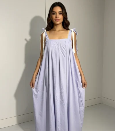 Women's dual tone Korean style parachute maxi dress in periwinkle blue and white with ribbon tie up straps (4)