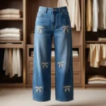 Women's high waisted blue jeans featuring white pearl and rhinestone bow patterns on the front legs (5)