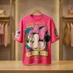 Women's hot pink oversized t shirt featuring a Minnie Mouse graphic with leopard print and pink bead embellishments (2)