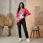 Women's hot pink oversized t shirt featuring a Minnie Mouse graphic with leopard print and pink bead embellishments (4)