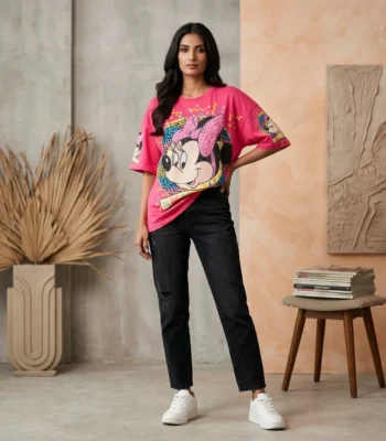 Women's hot pink oversized t shirt featuring a Minnie Mouse graphic with leopard print and pink bead embellishments (4)