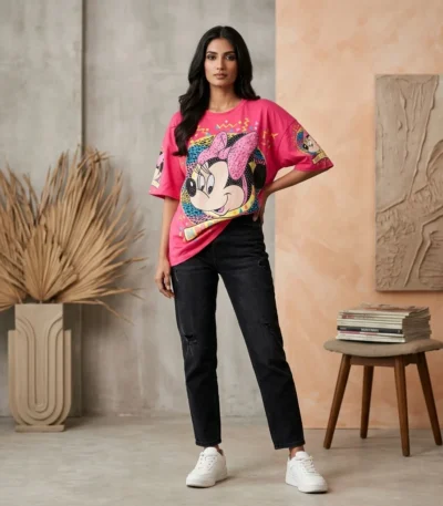 Women's hot pink oversized t shirt featuring a Minnie Mouse graphic with leopard print and pink bead embellishments (4)