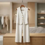 Women's ivory ribbed knit co ord set featuring a V neck sleeveless waistcoat with embossed gold buttons and matching wide leg trousers (1)