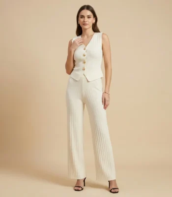Women's ivory ribbed knit co ord set featuring a V neck sleeveless waistcoat with embossed gold buttons and matching wide leg trousers (2)