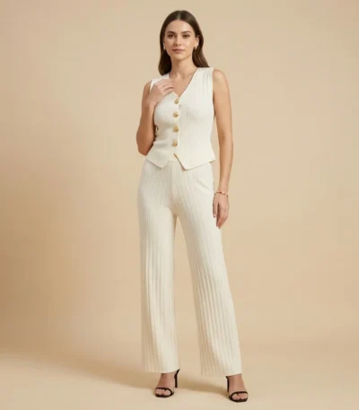 Women's ivory ribbed knit co ord set featuring a V neck sleeveless waistcoat with embossed gold buttons and matching wide leg trousers (2)