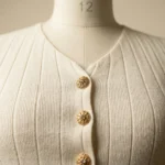 Women's ivory ribbed knit co ord set featuring a V neck sleeveless waistcoat with embossed gold buttons and matching wide leg trousers (5)