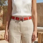 Women's leather belt with silver H buckle in red and black (1)