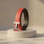 Women's leather belt with silver H buckle in red and black (2)