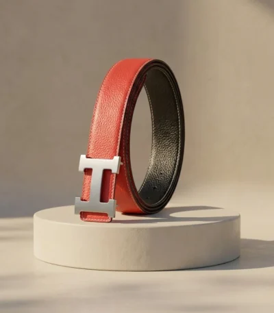 Women's leather belt with silver H buckle in red and black (2)