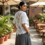 Women's light grey heathered t shirt featuring a delicate white floral lace open back with tie up detail (1)