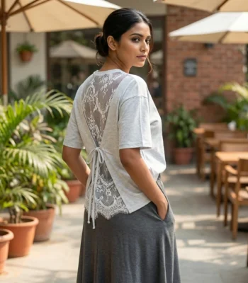 Women's light grey heathered t shirt featuring a delicate white floral lace open back with tie up detail (1)